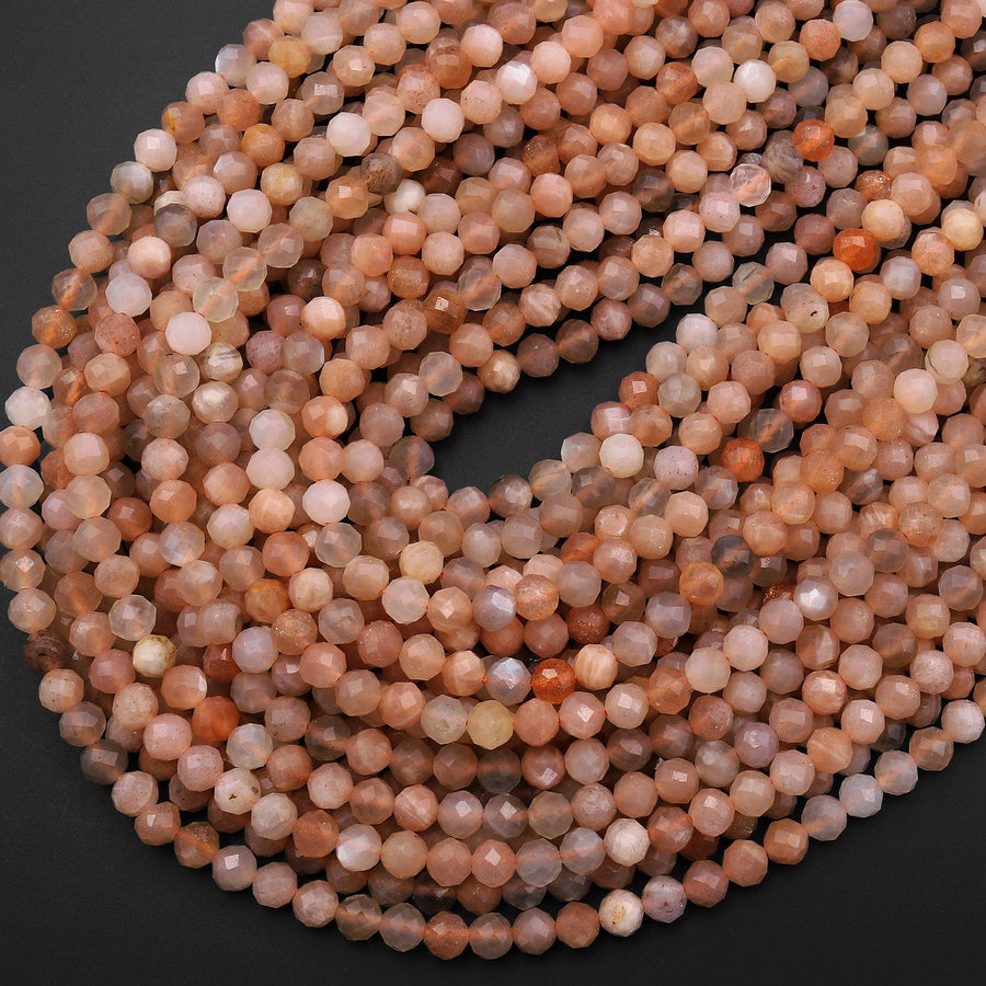Faceted Natural Peach Moonstone Round Beads 4mm 15.5" Strand