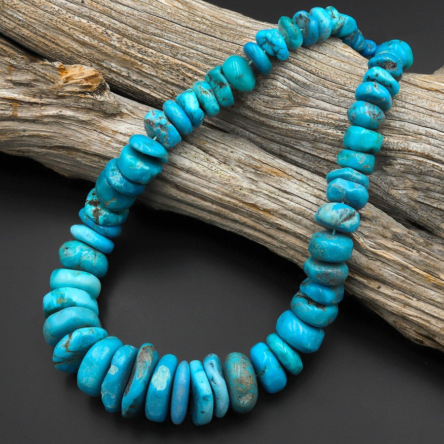 Large Graduated Genuine Natural Arizona Blue Turquoise Thick Rondelle Disc Beads 15.5" Strand