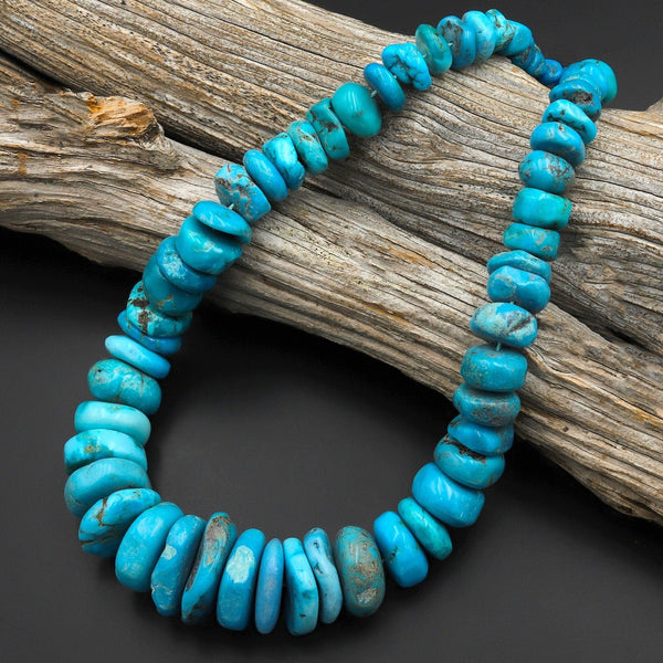 Large Graduated Genuine Natural Arizona Blue Turquoise Thick Rondelle Disc Beads 15.5" Strand