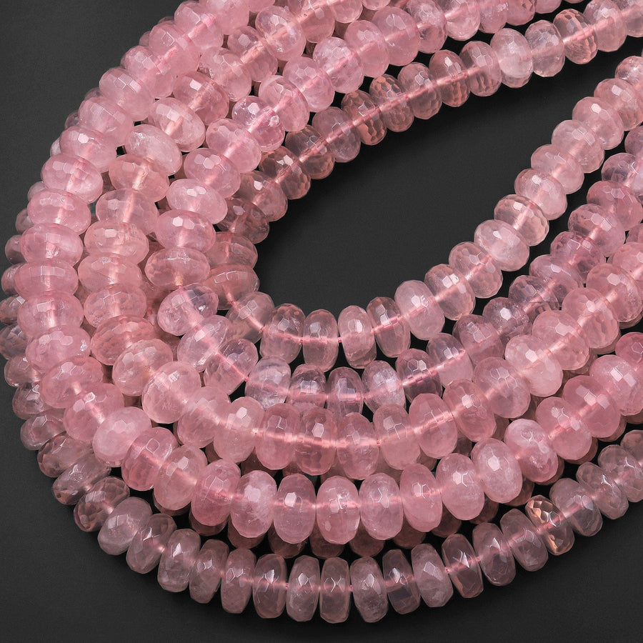 AAA Gem Grade Large Faceted Natural Pink Rose Quartz Rondelle Beads 12mm 15.5" Strand