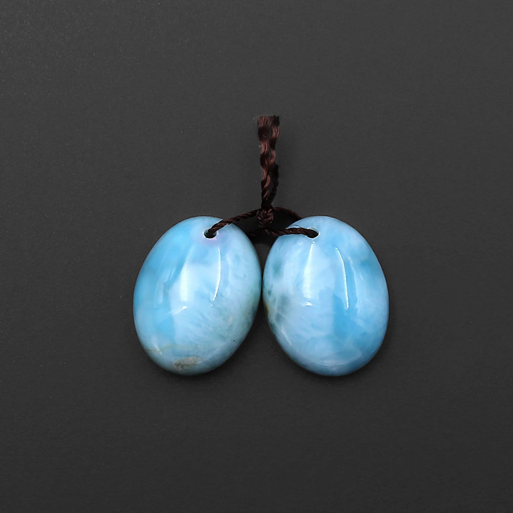 Natural Blue Larimar Oval Earring Pair Drilled Matched Gemstone Beads A7