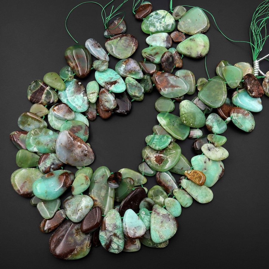 Large Natural Australian Bicolor Green Brown Chrysoprase Beads Freeform Teardrop Side Drilled Gemstone 15.5" Strand