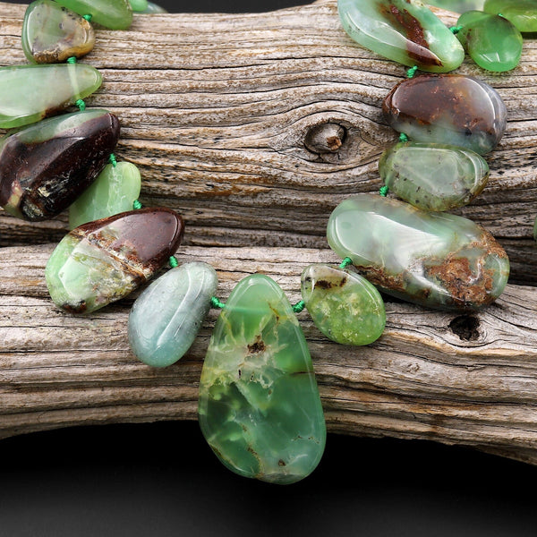 Large Natural Australian Bicolor Green Brown Chrysoprase Beads Freeform Teardrop Side Drilled Gemstone 15.5" Strand A1
