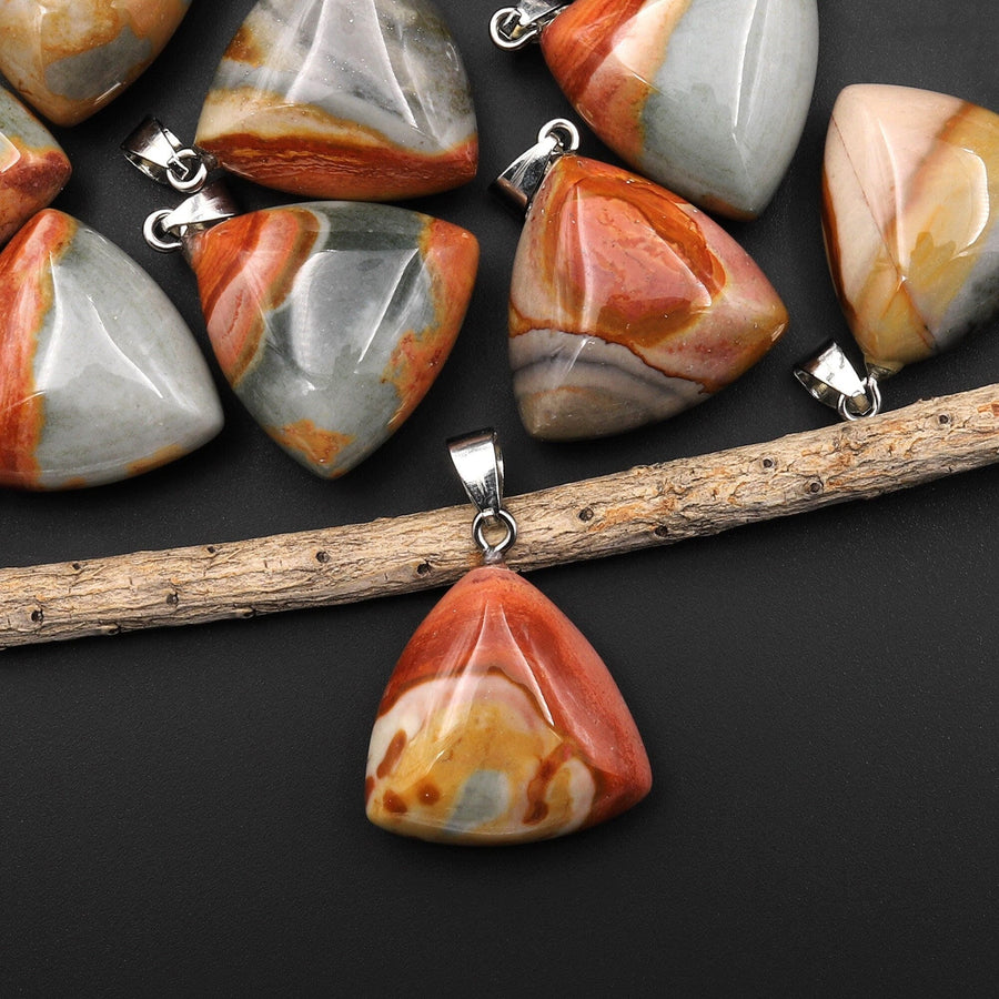 Natural Gemstone Puffy Triangle Pendant Polychrome Landscape Ocean Jasper A1
