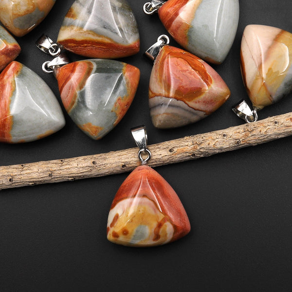 Natural Gemstone Puffy Triangle Pendant Polychrome Landscape Ocean Jasper A1