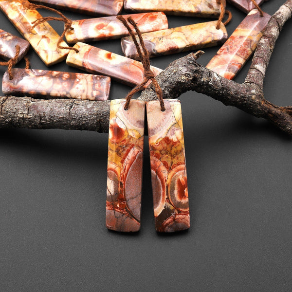 Natural Bird's Eye Rhyolite Rectangle Earrings Drilled Matched Gemstone Bead Pair A1