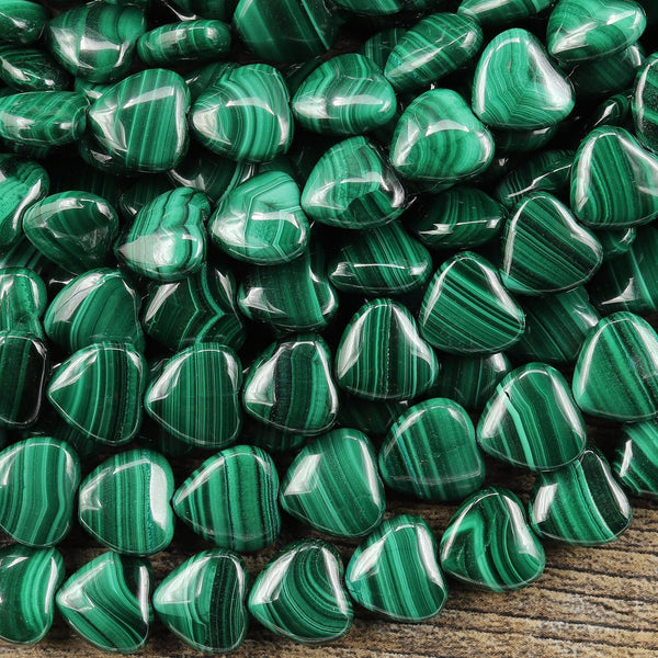 AAA Natural Green Malachite Smooth Heart Beads 10mm 12mm Gemstone From Congo 15.5" Strand