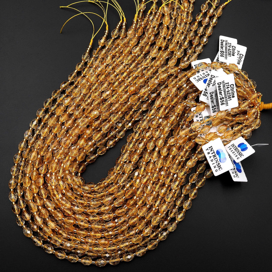 Flashy Natural Golden Citrine Amethyst Faceted Drum Barrel Rice Beads 15.5" Strand
