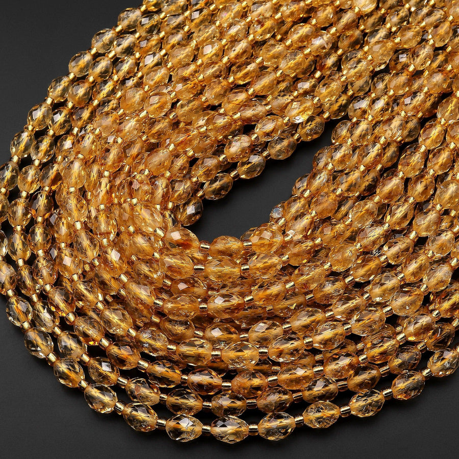 Flashy Natural Golden Citrine Amethyst Faceted Drum Barrel Rice Beads 15.5" Strand