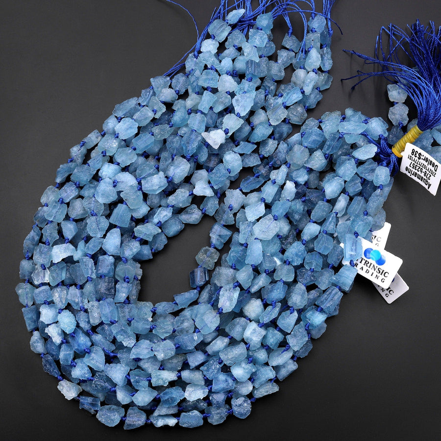 AAA Raw Natural Santa Maria Blue Aquamarine Freeform Beads Pebble Nuggets Hand Hammered Chiseled Blue Gemstone 15.5" Strand