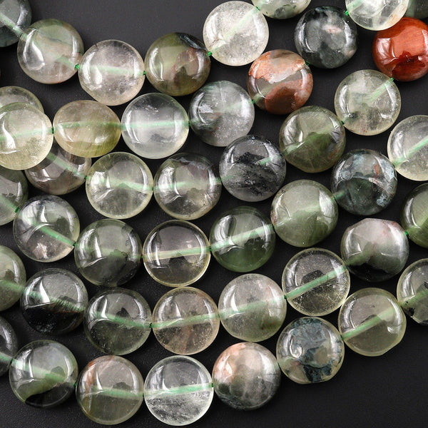 Natural Green Actinolite In Quartz Beads Smooth Coin 10mm 15.5" Strand