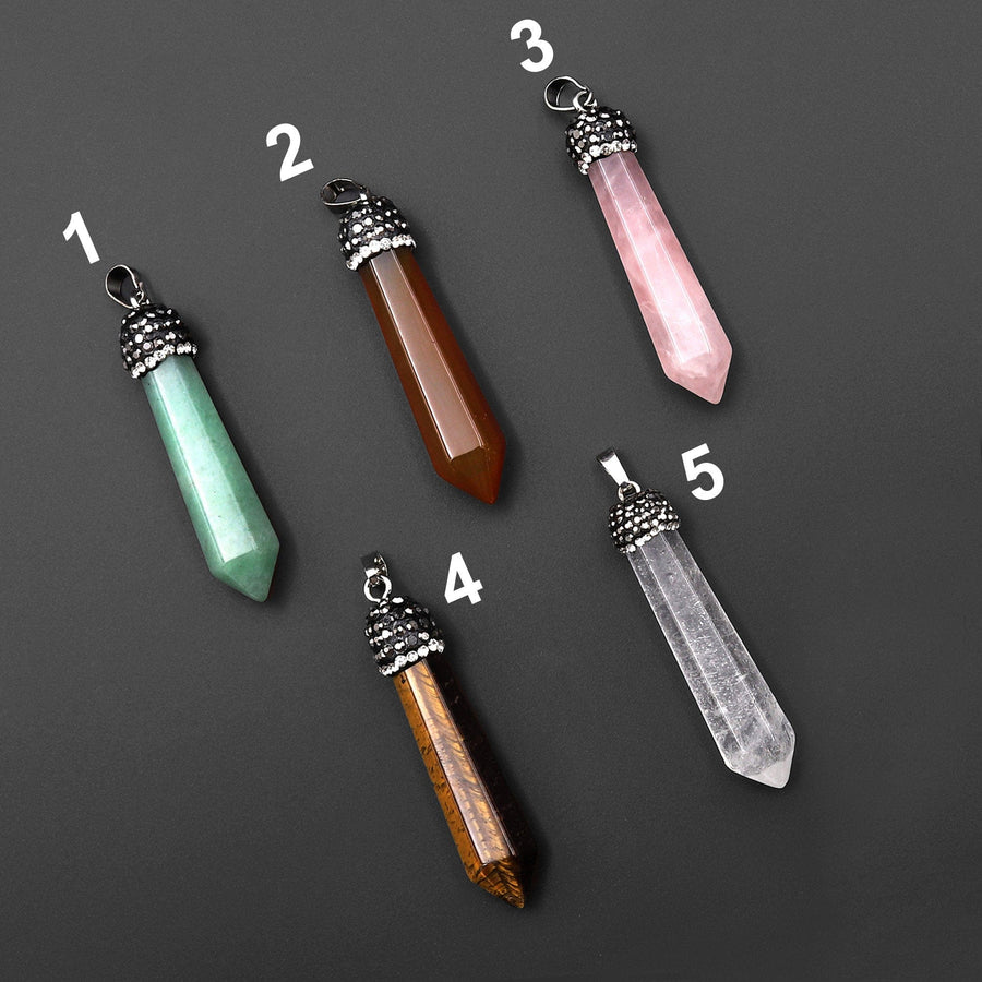 Natural Gemstone Pendulum Tower Pendant Sparkling Rhinestone Rock Quartz Tiger's Eye Aventurine Rose Quartz Carnelian