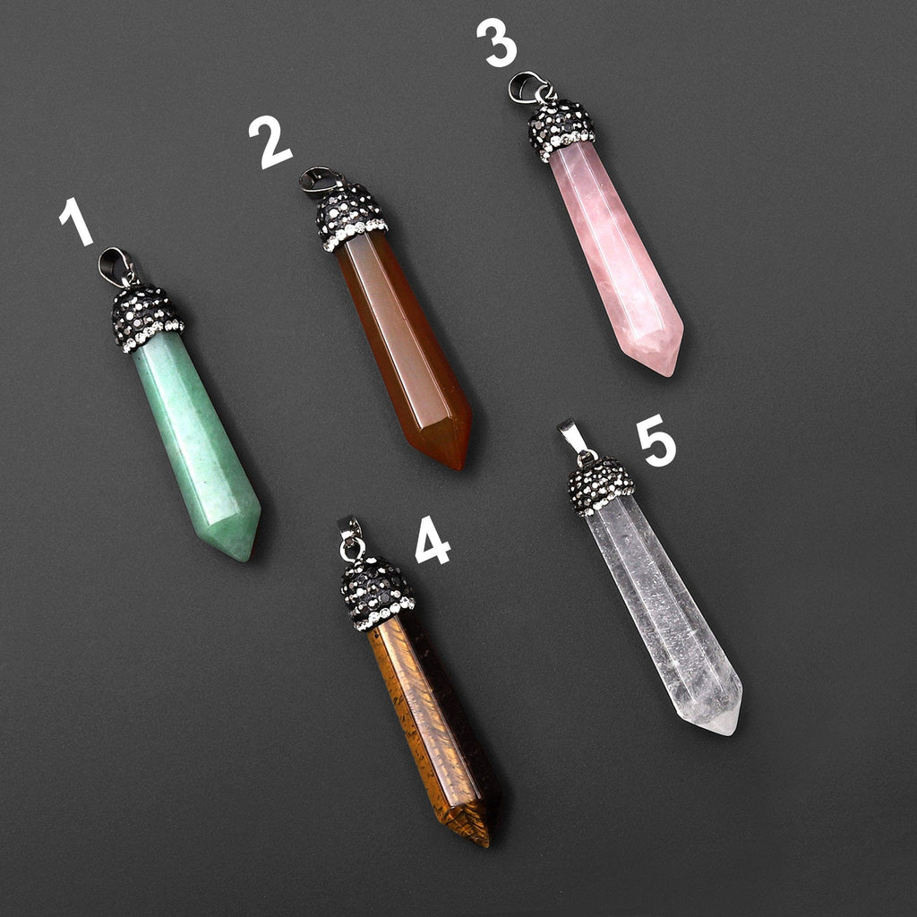 Natural Gemstone Pendulum Tower Pendant Sparkling Rhinestone Rock Quartz Tiger's Eye Aventurine Rose Quartz Carnelian AAAAA