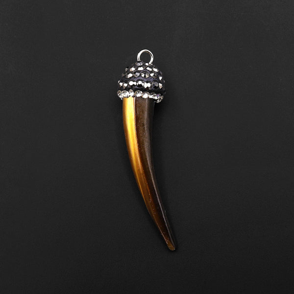 Natural Golden Brown Mother of Pearl Tooth Claw Pendant Sparkling Rhinestone