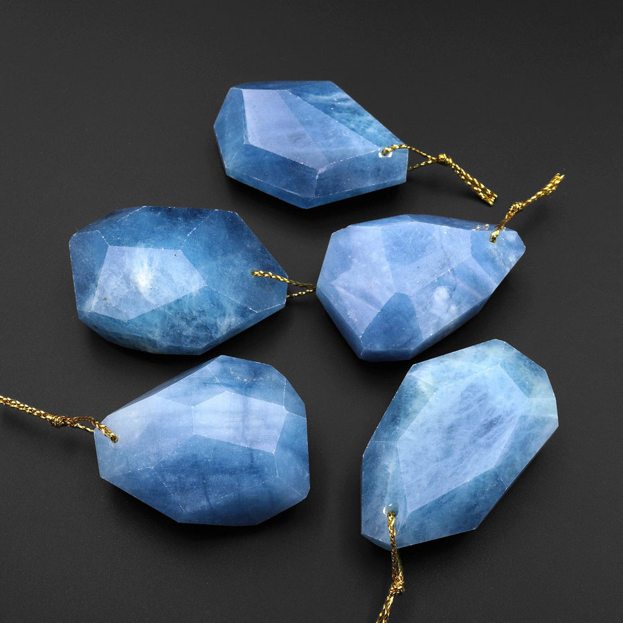 Large Hand Cut Faceted Natural Blue Aquamarine Nugget Pendant Gemstone Focal Bead