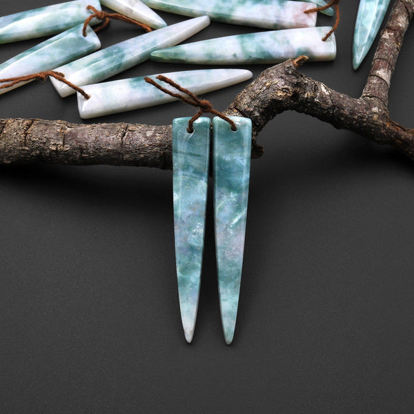 Natural Green Mountain Jade Earring Pair Long Dagger Triangle Drilled Cab Pair Matched Gemstone Beads A1