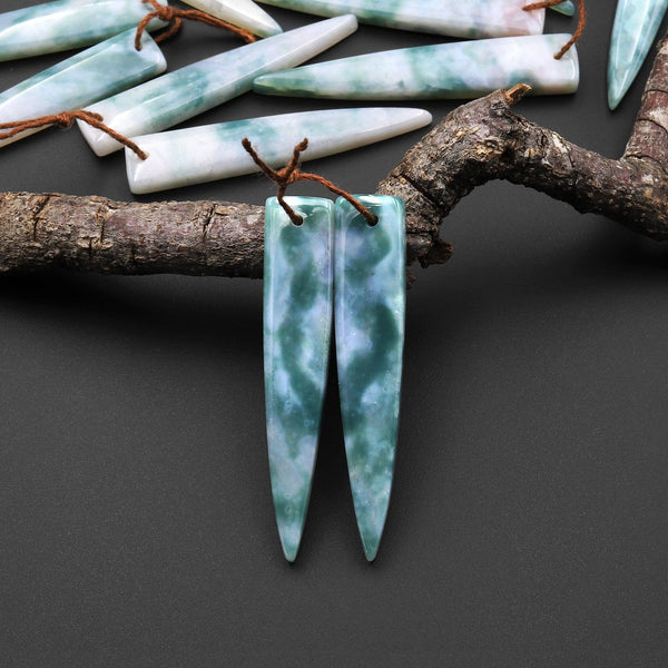 Natural Green Mountain Jade Earring Pair Long Dagger Triangle Drilled Cab Pair Matched Gemstone Beads A2