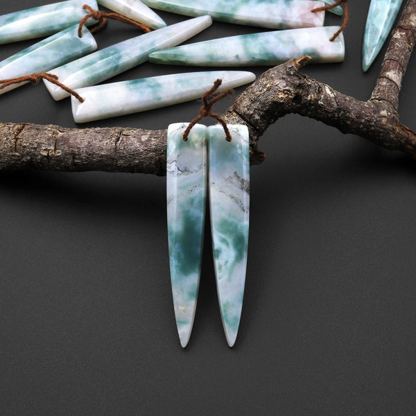 Natural Green Mountain Jade Earring Pair Long Dagger Triangle Drilled Cab Pair Matched Gemstone Beads A3