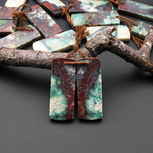 Natural Chrysocolla in Copper Earring Pair Drilled Cabochon Cab Pair Flat Rectangle Matched Gemstone Bead Pair From Arizona