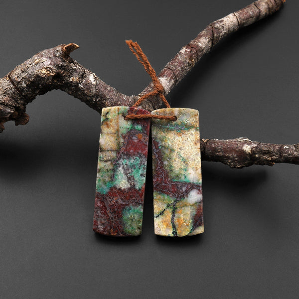 Natural Chrysocolla in Copper Earring Pair Drilled Cabochon Cab Pair Flat Rectangle Matched Gemstone Bead Pair From Arizona A3