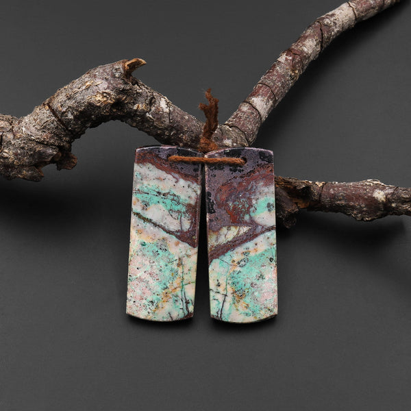 Natural Chrysocolla in Copper Earring Pair Drilled Cabochon Cab Pair Flat Rectangle Matched Gemstone Bead Pair From Arizona A4