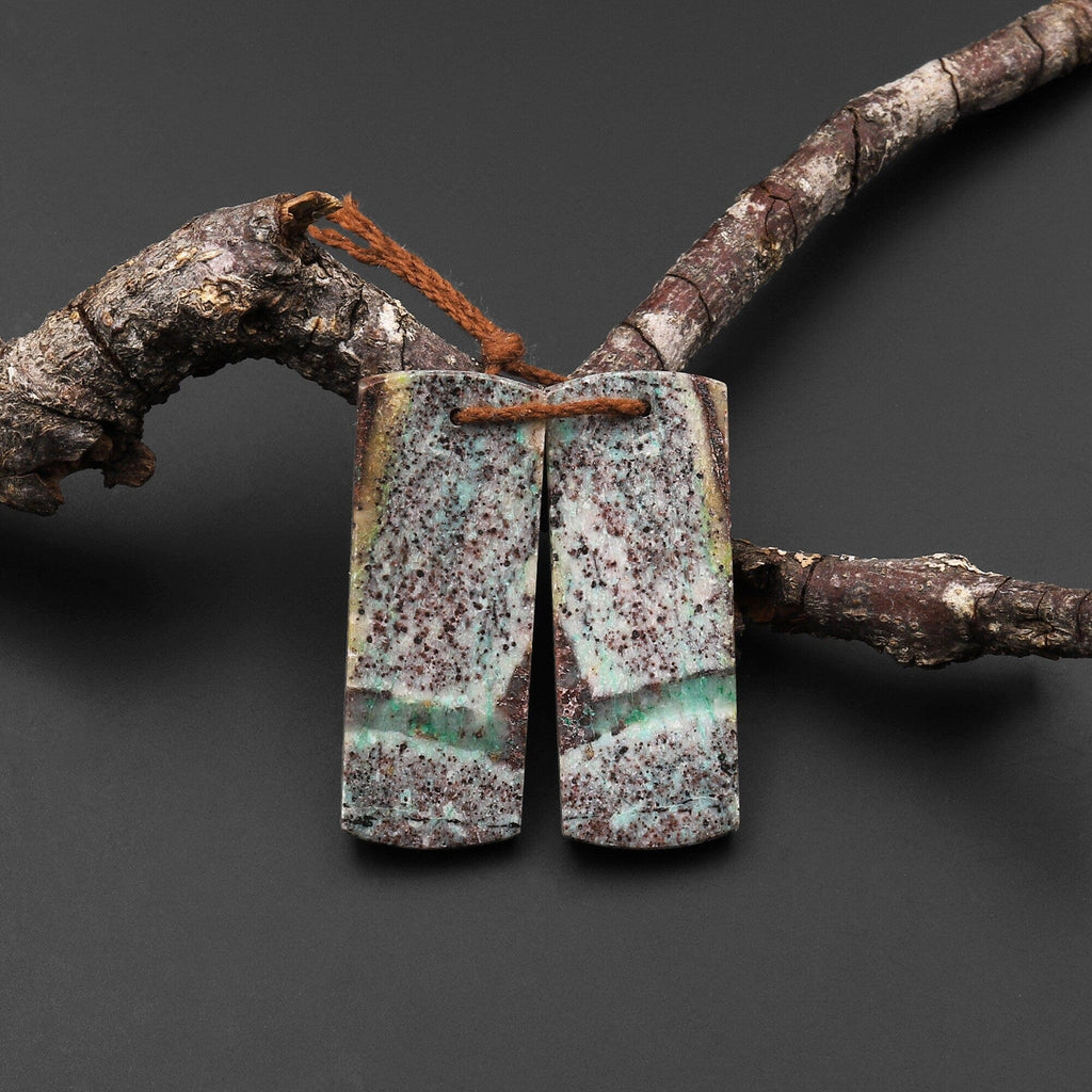 Natural Chrysocolla in Copper Earring Pair Drilled Cabochon Cab Pair Flat Rectangle Matched Gemstone Bead Pair From Arizona A7