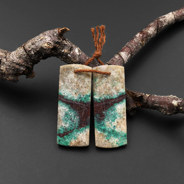 Natural Chrysocolla in Copper Earring Pair Drilled Cabochon Cab Pair Flat Rectangle Matched Gemstone Bead Pair From Arizona A9