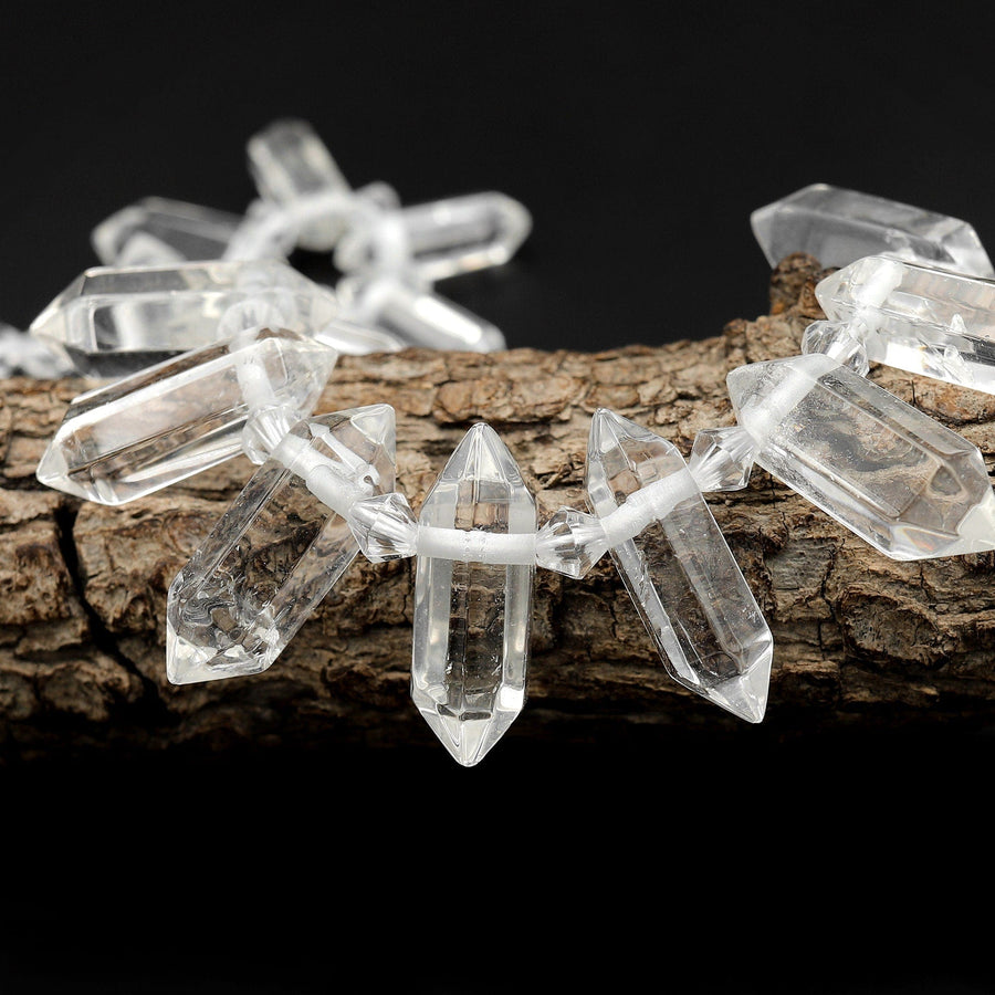 Natural Rock Crystal Quartz Beads Faceted Double Terminated Points Side Drilled Healing Gemstone Focal Pendant Bead 15.5" Strand A1