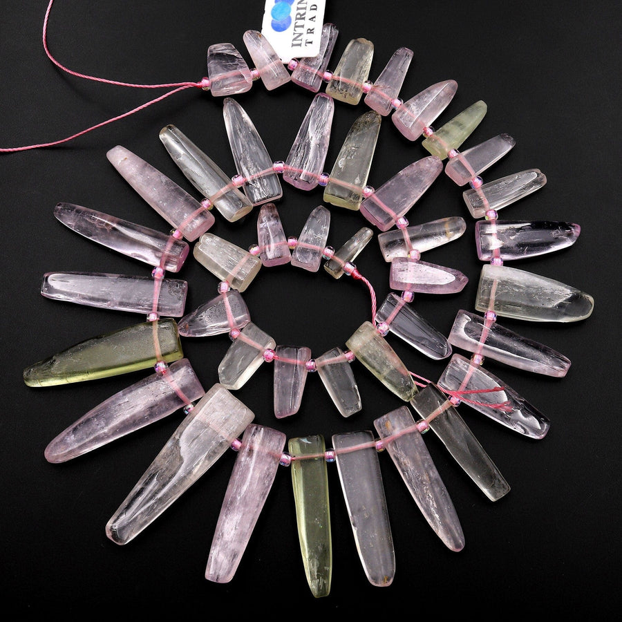 AAA Natural Violet Pink Green Kunzite Freeform Spike Beads Top Side Drilled Gemstone Graduated 15.5" Strand A1