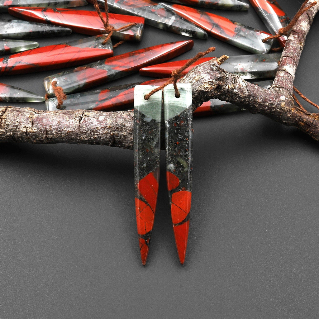 Natural African Bloodstone Matched Long Dagger Triangle Spike Earring Beads Drilled Gemstone Pair