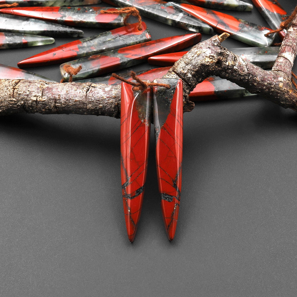 Natural African Bloodstone Matched Long Dagger Triangle Spike Earring Beads Drilled Gemstone Pair A4