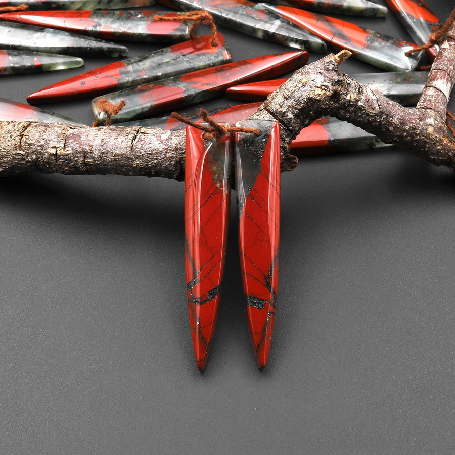 Natural African Bloodstone Matched Long Dagger Triangle Spike Earring Beads Drilled Gemstone Pair A4