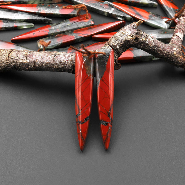 Natural African Bloodstone Matched Long Dagger Triangle Spike Earring Beads Drilled Gemstone Pair A4