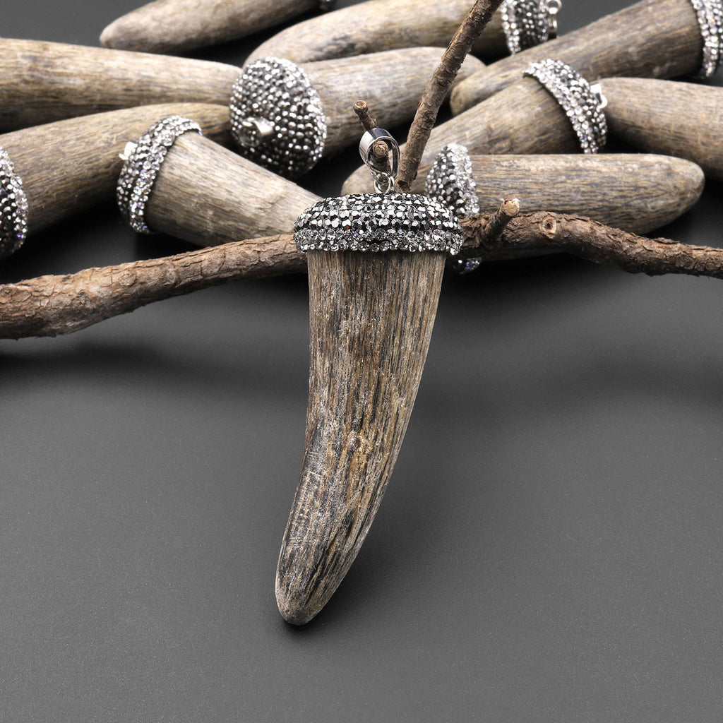Wild and Exotic Real Buffalo Horn Pendant Sparkling Rhinestone A2