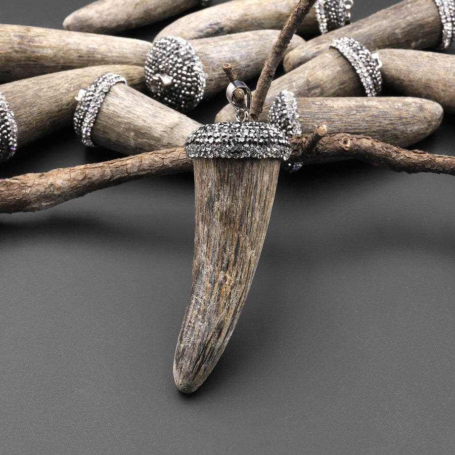 Wild and Exotic Real Buffalo Horn Pendant Sparkling Rhinestone A2