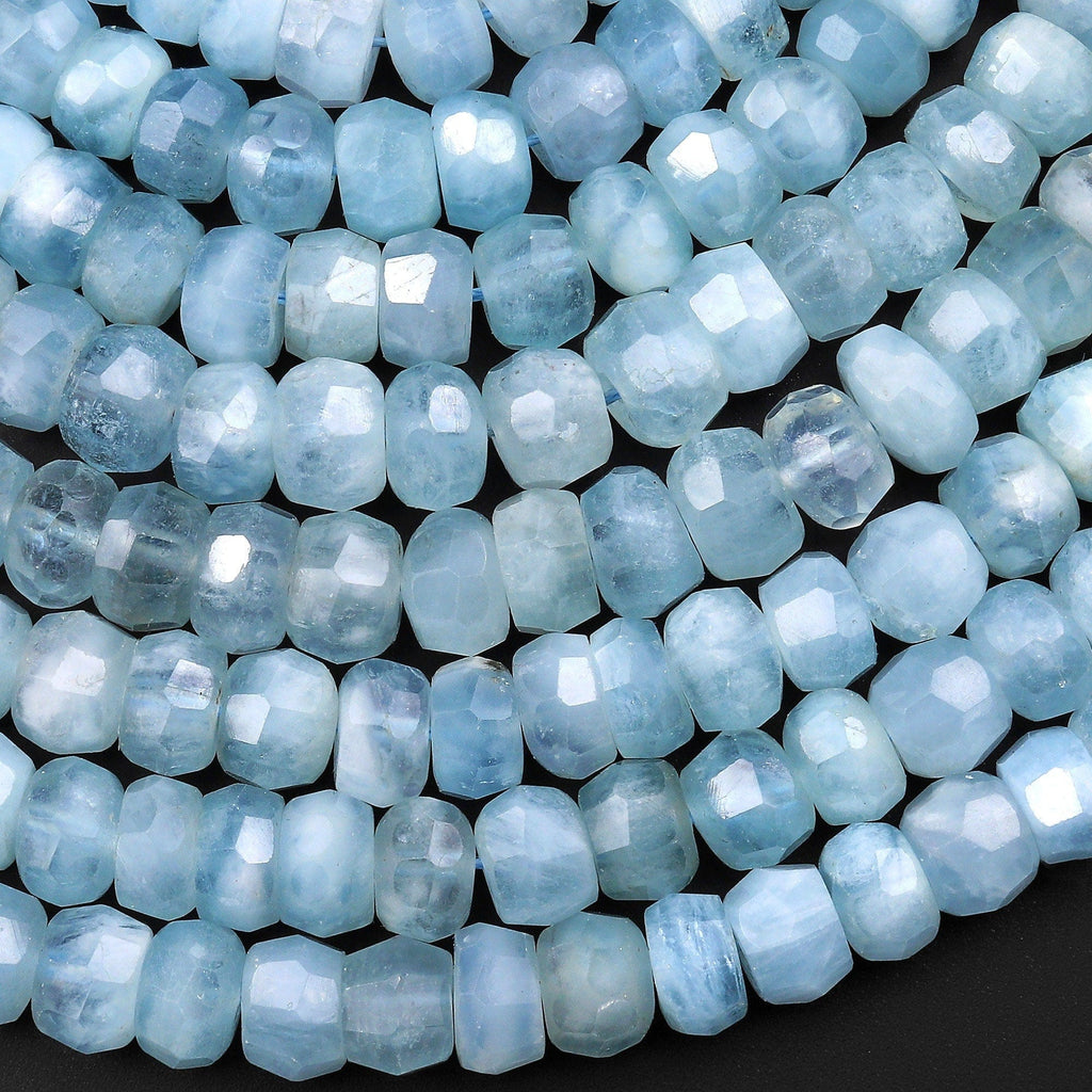 AAA Translucent Faceted Natural Soft Blue Aquamarine Rondelle Beads 9mm 10mm 15.5" Strand