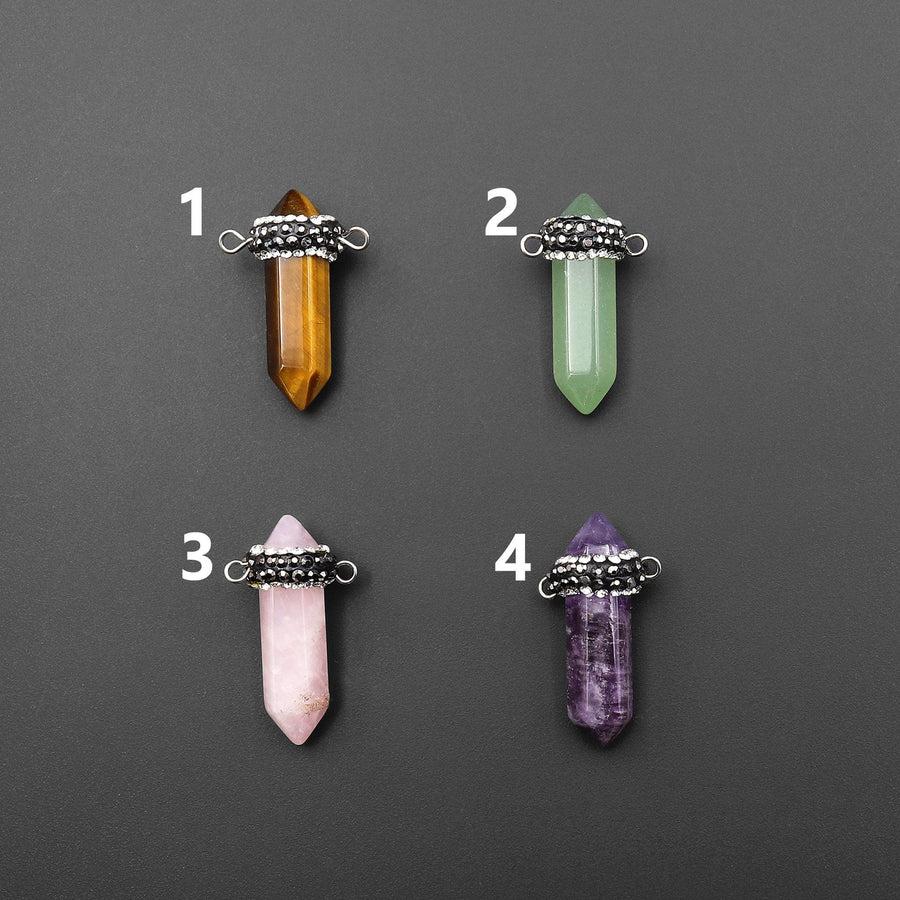 Natural Gemstone Pendulum Tower Connector Pendant Sparkling Rhinestone Rose Quartz Tiger's Eye Aventurine Amethyst AAAAA