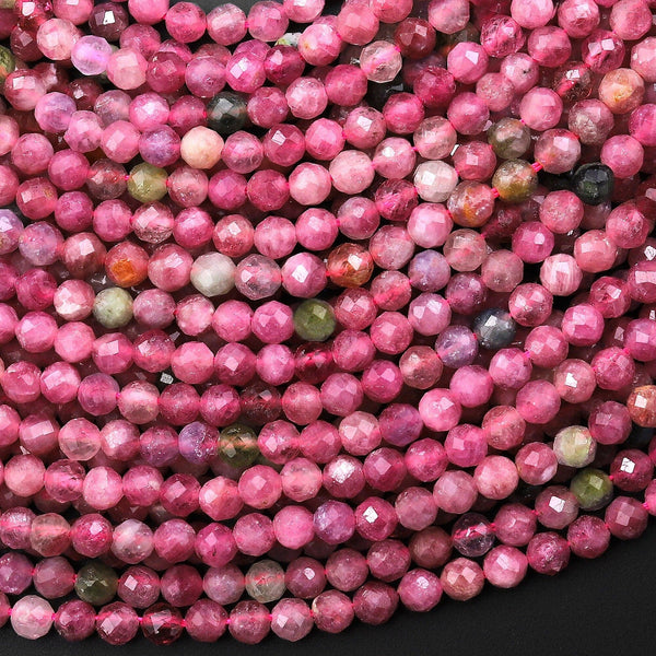 Faceted Natural Pink Green Tourmaline 3.5mm Round Beads Gemstone 15.5" Strand