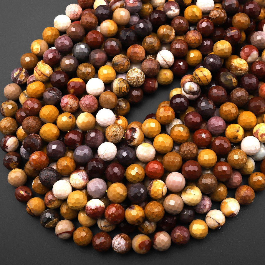 Faceted Natural Australian Mookaite Jasper Beads 8mm Round Sunset Colors Red Yellow Maroon 15.5" Strand