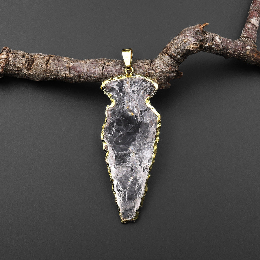Natural Rough Raw Rock Crystal Quartz Pendants Hand Hammered Arrowhead Gold Plated A1