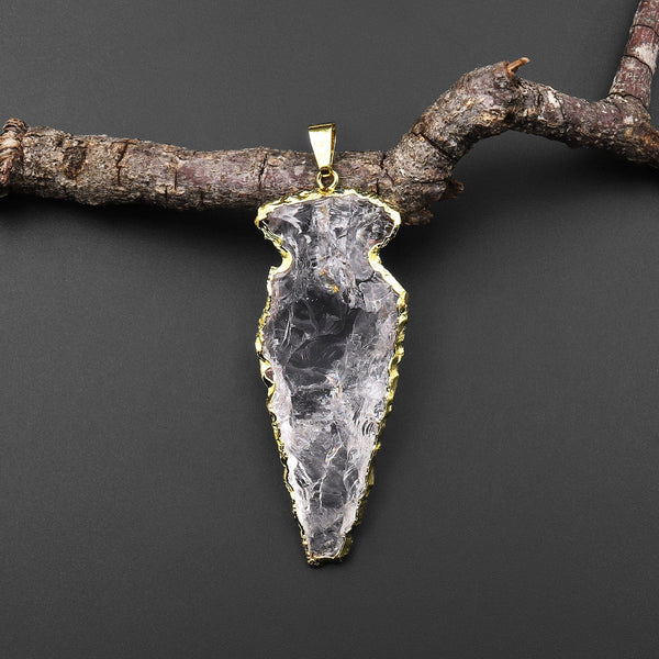 Natural Rough Raw Rock Crystal Quartz Pendants Hand Hammered Arrowhead Gold Plated A1