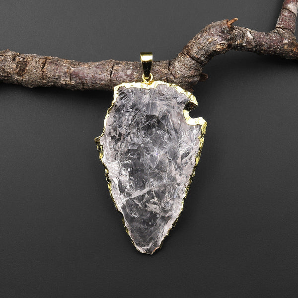 Natural Rough Raw Rock Crystal Quartz Pendants Hand Hammered Arrowhead Gold Plated A2