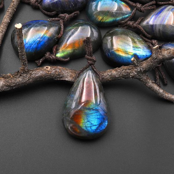 AAA Natural Golden Rainbow Labradorite Teardrop Side Drilled Pendant A3