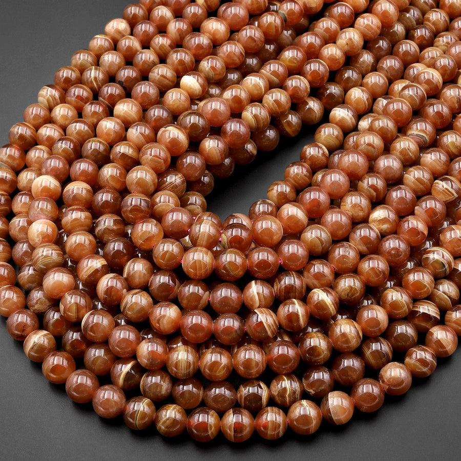 AAA+ Natural Honey Brown Rhodochrosite 6mm 8mm Round Beads Caramel Bands Stripes 15.5" Strand