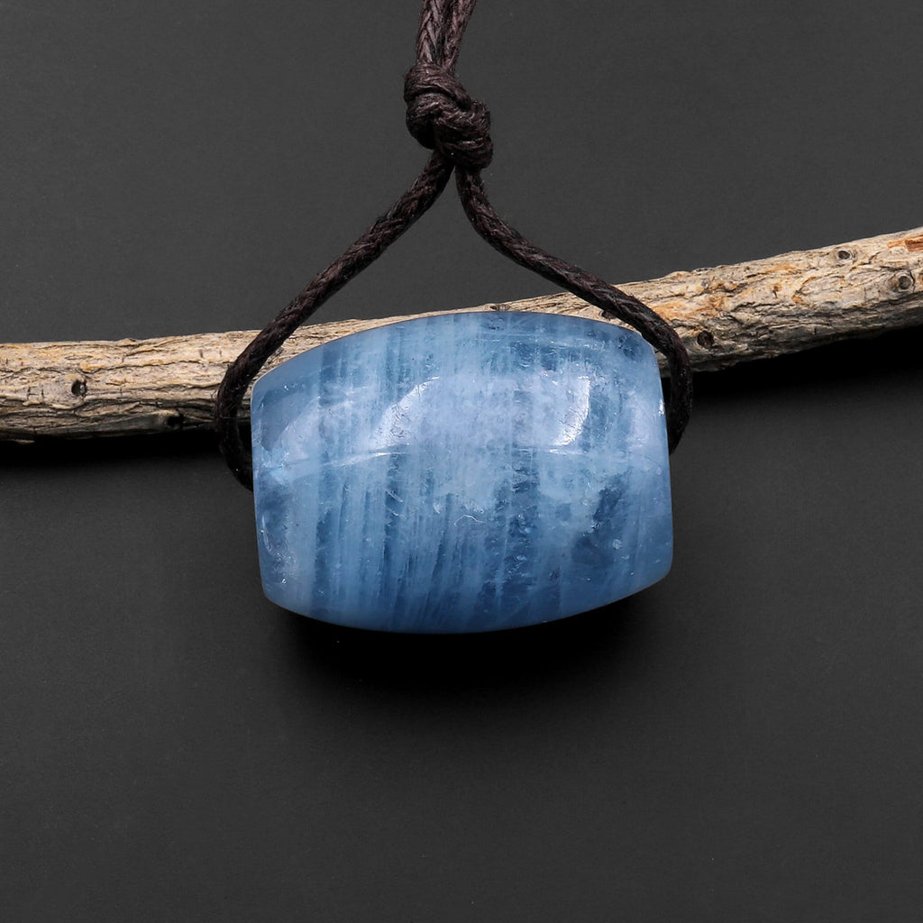 Large Natural BLue Aquamarine Drum Barrel Cylinder Gemstone Focal Bead Pendant A1