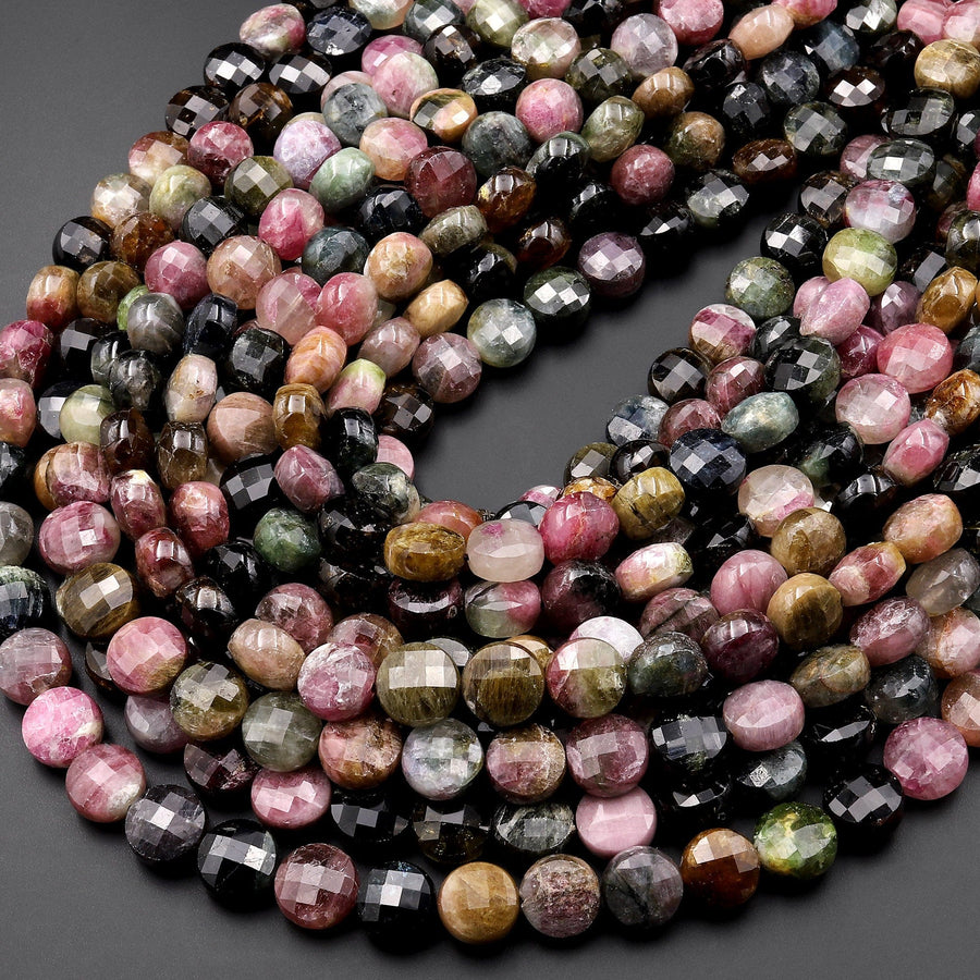 Faceted Natural Tourmaline Coin Beads 9mm 10mm Pink Green Cognac Gemstone 15.5" Strand