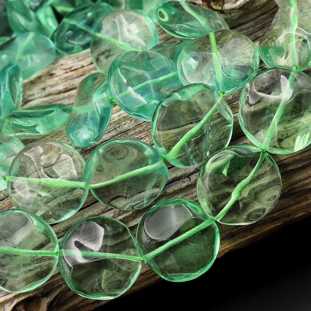 Large AAA Natural Green Fluorite 20mm Wavy Coin Beads 15.5" Strand