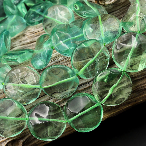Large AAA Natural Green Fluorite 20mm Wavy Coin Beads 15.5" Strand