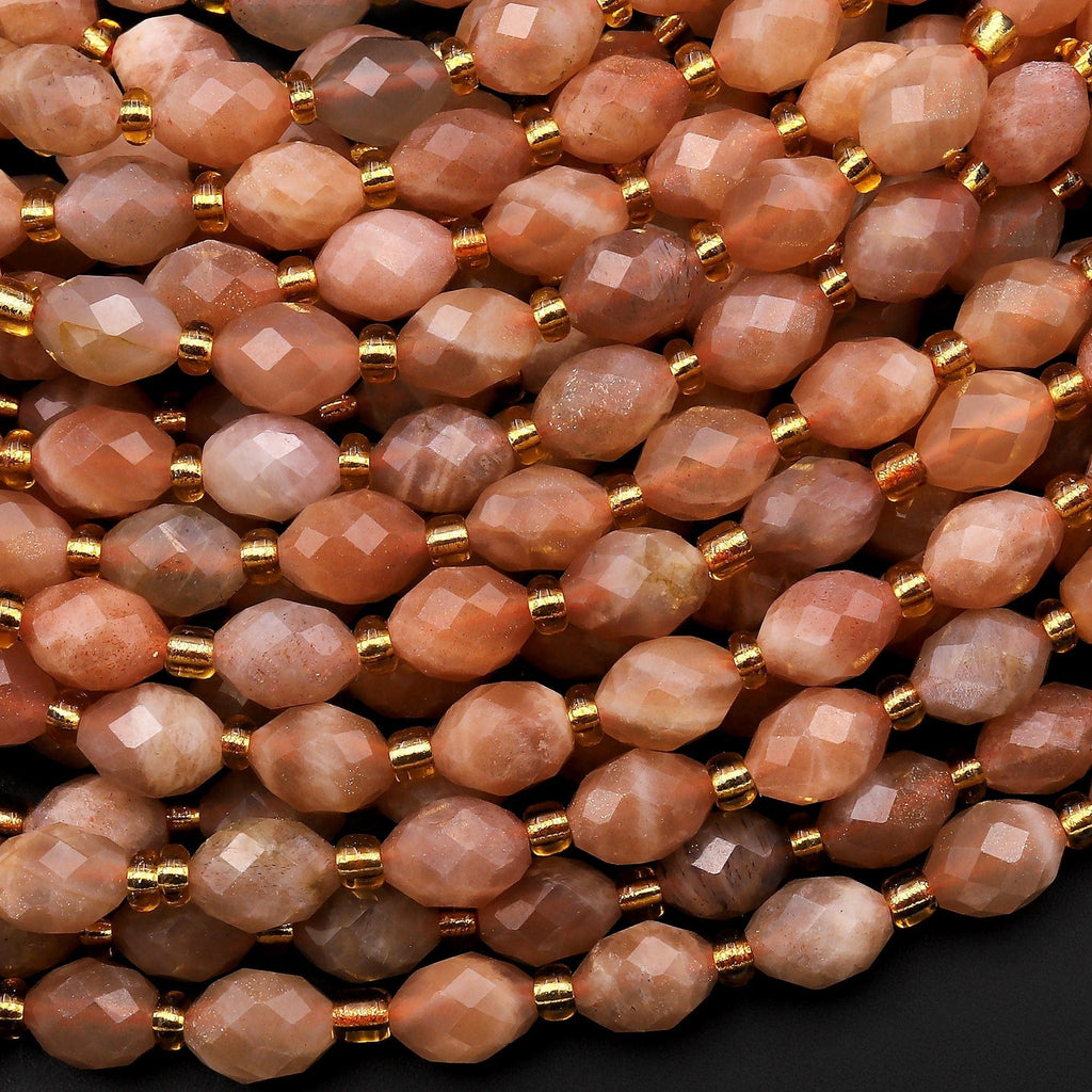 Faceted Natural Peach Moonstone Drum Barrel Rice Beads 15.5" Strand