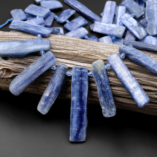 Side Drilled Raw Natural Blue Kyanite Long Rectangle Bead Focal Pendant 15.5" Strand A1